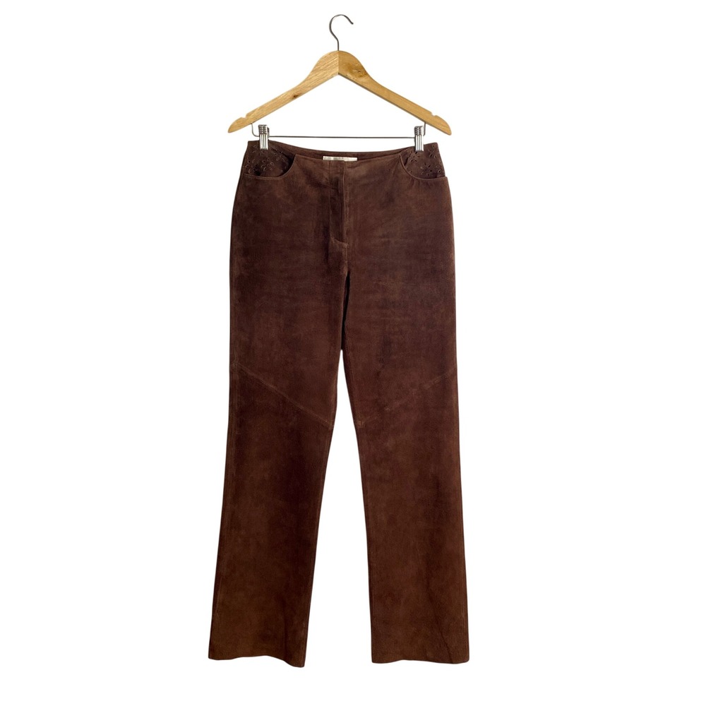 VTG Margaret Godfrey Brown Suede Pants Floral Cutout Western Boho Y2K Flare 8